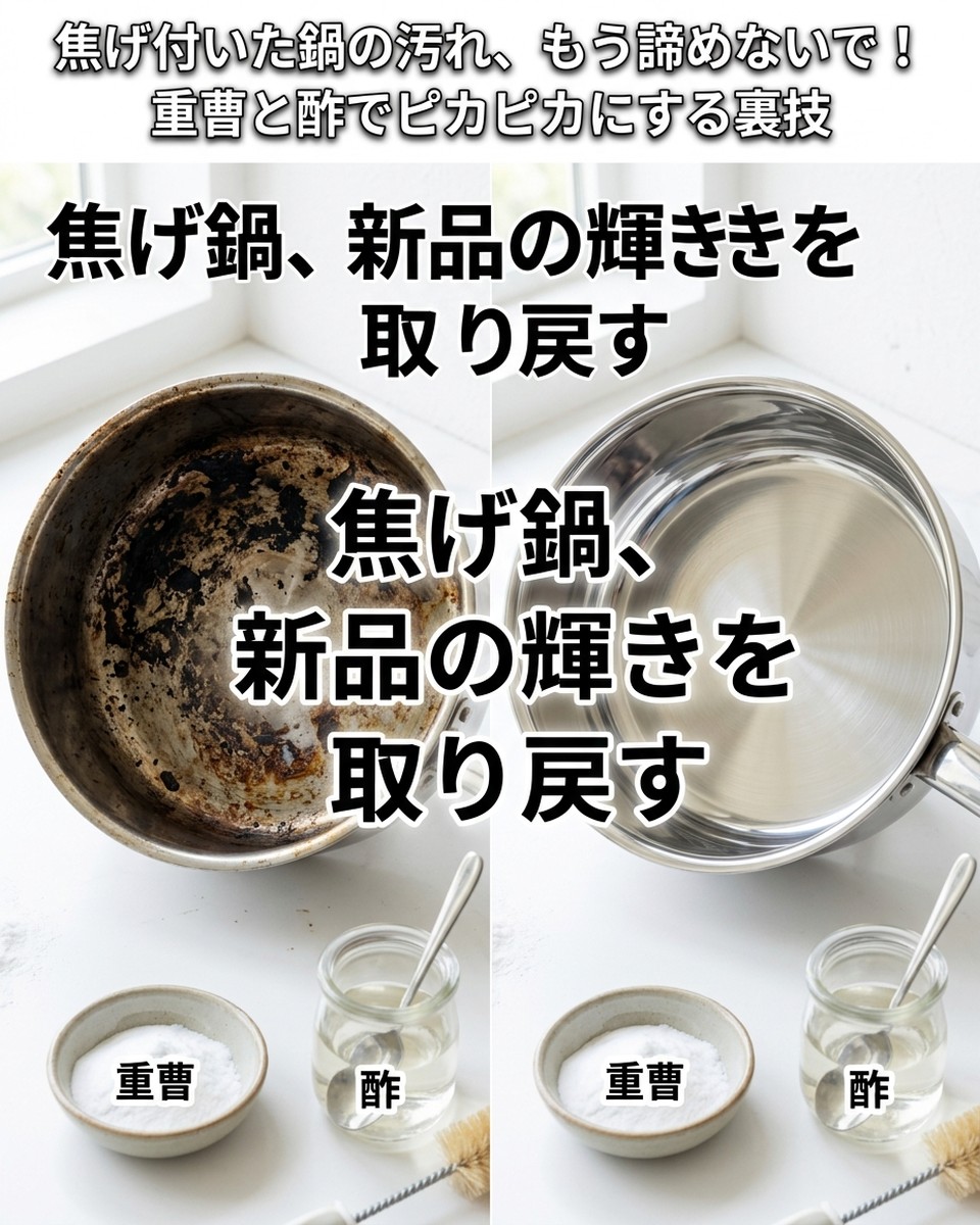 重曹と酢で焦げ付いた鍋をピカピカに！安全で効果的な洗浄方法